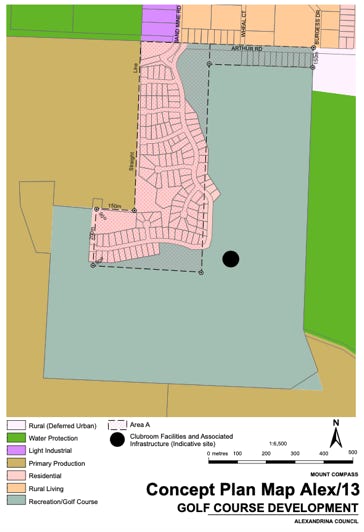 most of golf course is zoned as Recreation/Golf Course (in green), Residential (in red), and Area A